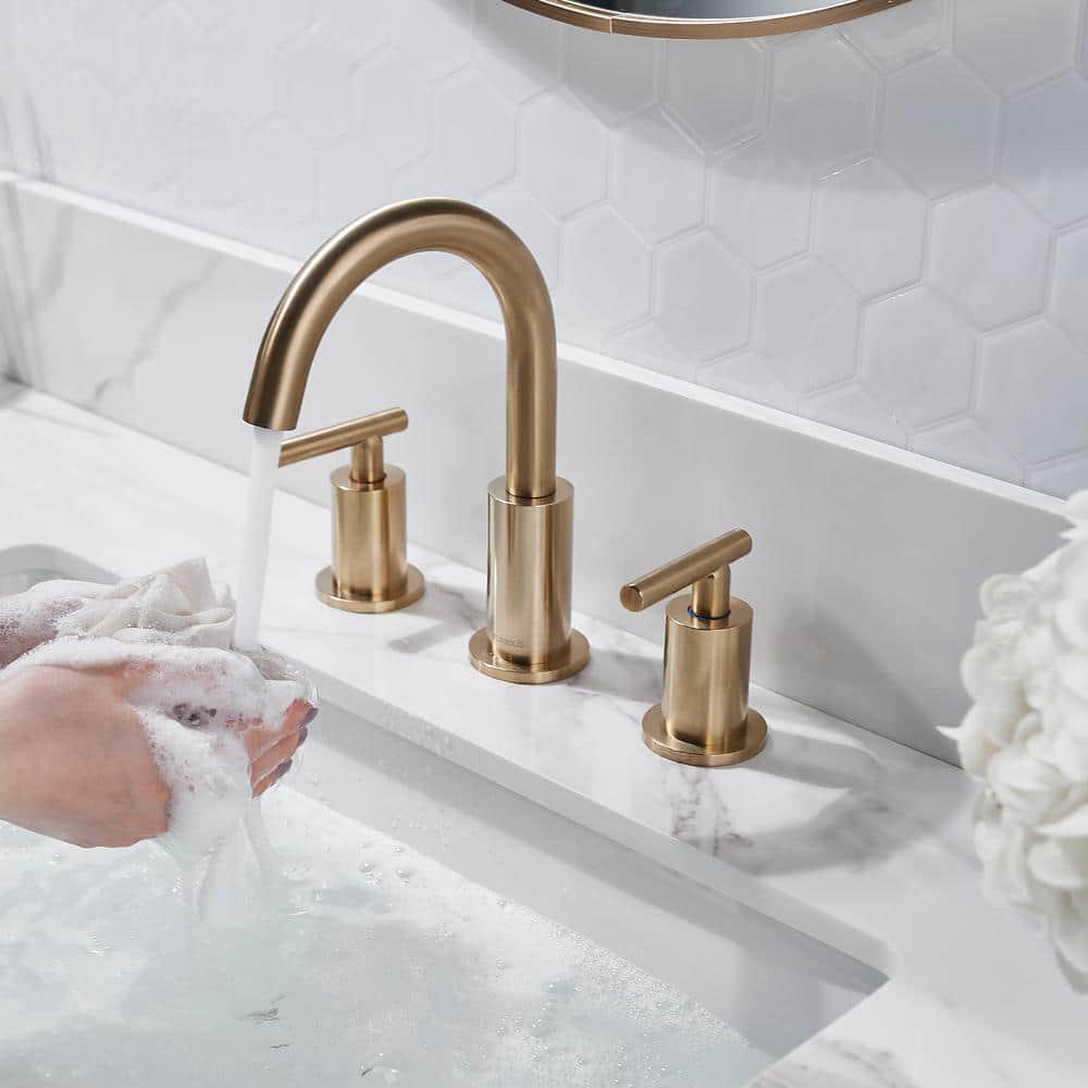 FORIOUS TwoHandle Bathroom Faucet 3Hole Widespread Bathroom Sink Faucet with Metal Drain and Supply Hose Gold