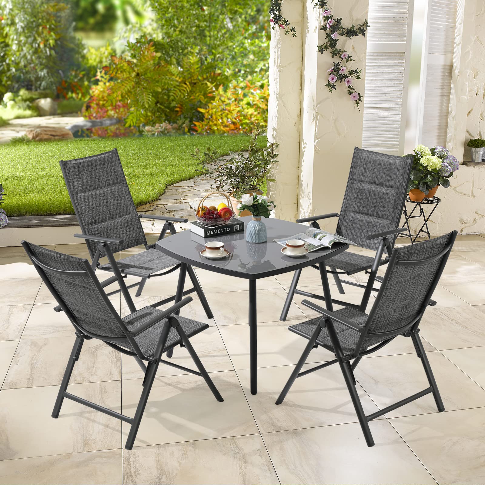 Patio Dining Set, 5 Piece Outdoor Dining Table Set with 4 Adjustable Folding Textilene Chairs and 1 Round Table, Aluminum Frame, for Garden, Yard, Porch, Poolside, Dark Gray