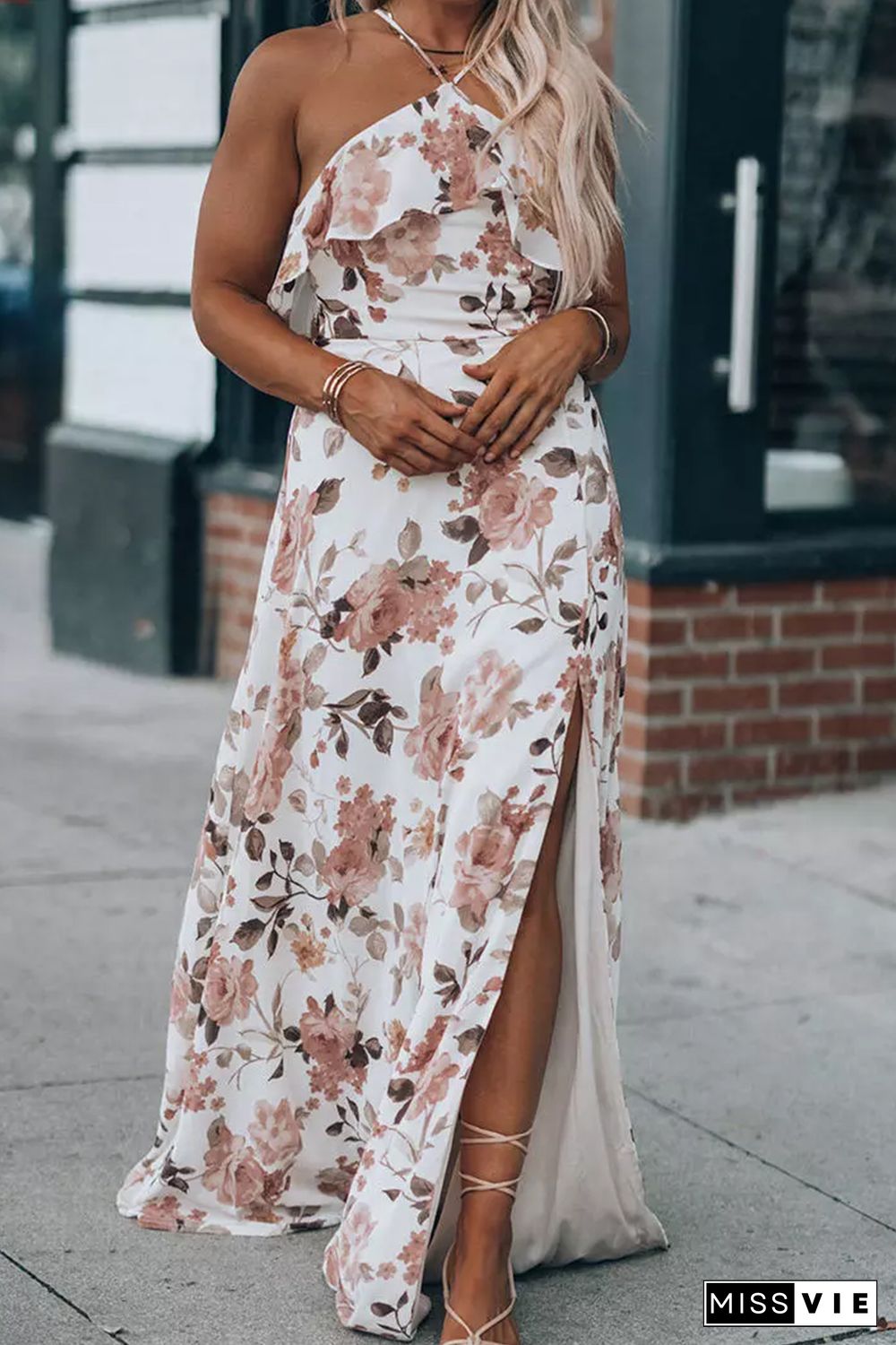 White Floral Slit Ruffled Halterneck Maxi Dress