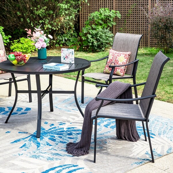 MAISON ARTS 5/7Piece Patio Dining Set，Round Metal Table and 4/6 Textilene Fabric Padded Armchairs