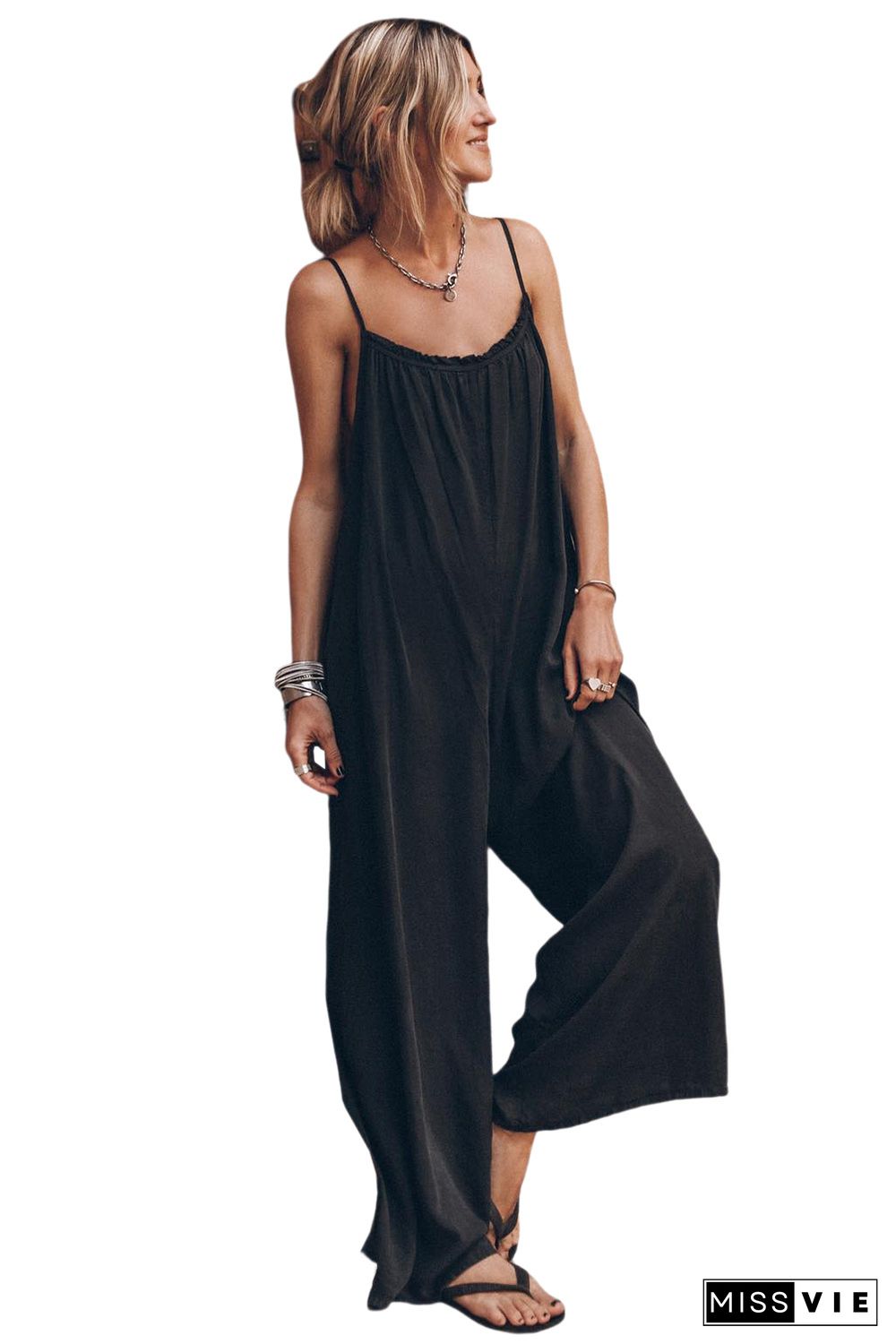 Black Frilled Neckline Backless Wide Leg Jumpsuit