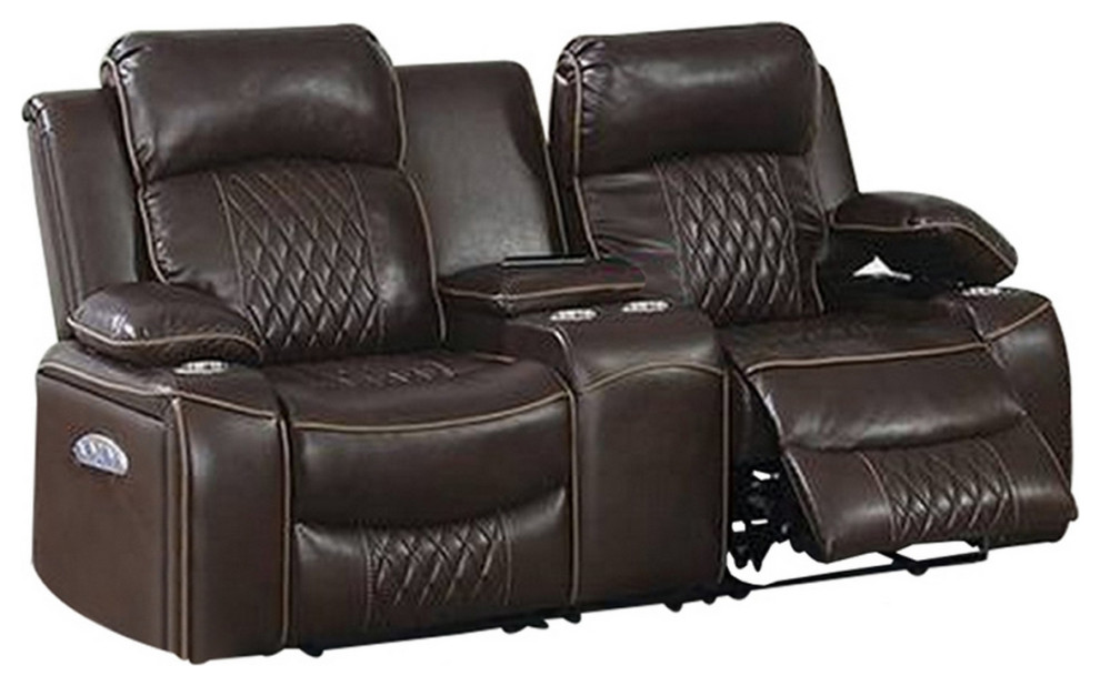 Seda 71 Inch Power Reclining Loveseat Storage Console Brown Faux Leather   Loveseats   by Dot  ampBo  Houzz