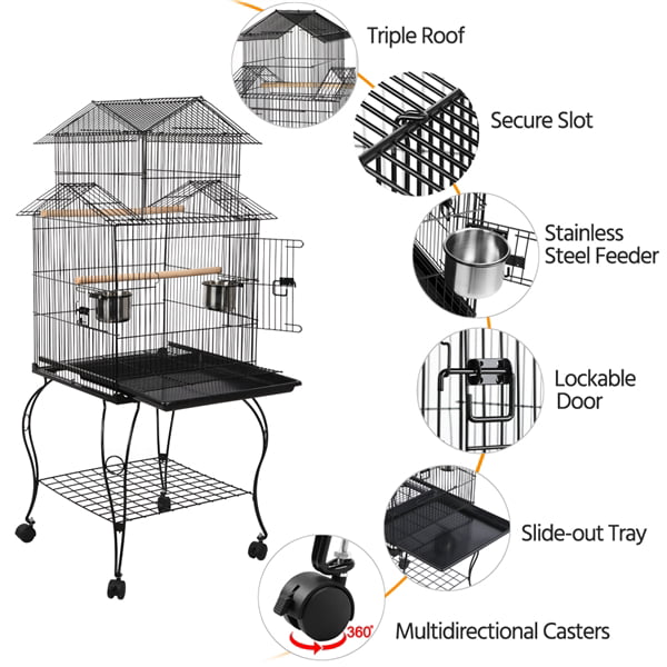 generic Triple Roof Rolling Bird Cage with Stand Perch， Large， Metal， Black