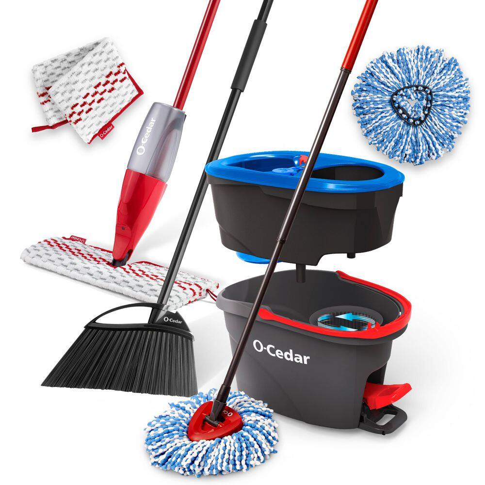 O-Cedar EasyWring RinseClean Spin Mop System +1 Extra Refill ProMist MAX Spray Mop +1 Extra Refill PowerCorner Outdoor Broom 168534xB3