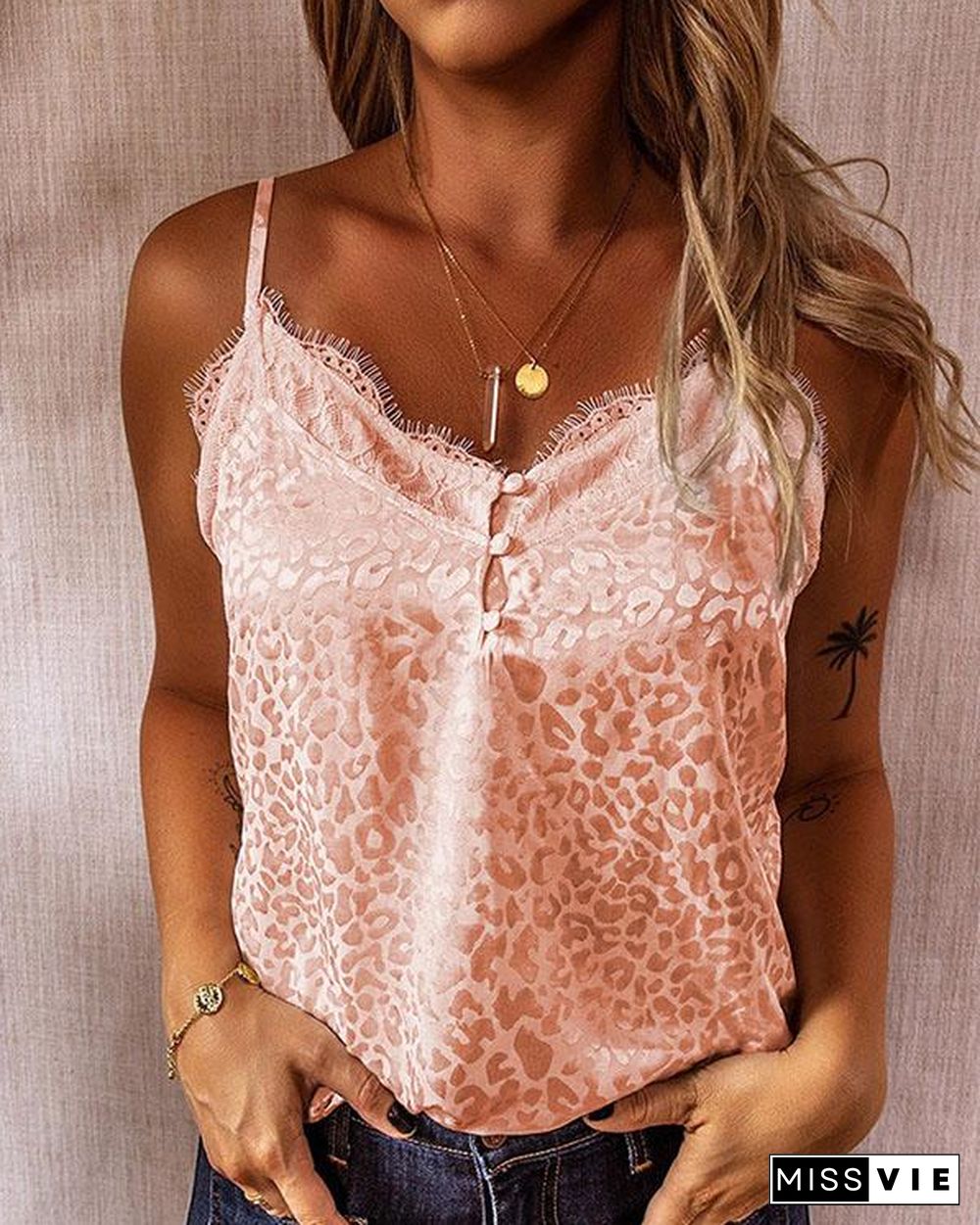 Lace Leopard Spaghetti Strap Sleeveless Button Up Casual Sexy Tank Tops