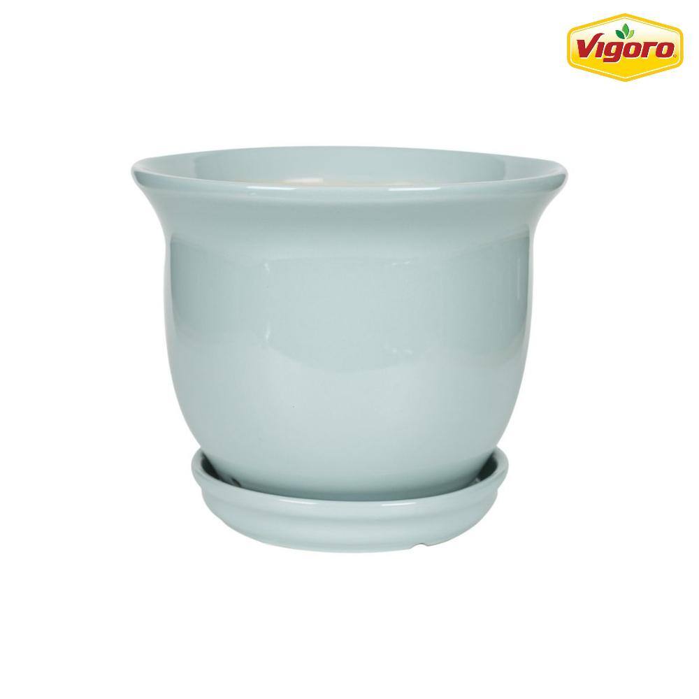 Vigoro 7.9 in. Coralie Small Seabreeze Blue Ceramic Planter (7.9 in. D x 6.7 in. H) with Drainage Hole and Attached Saucer 527402