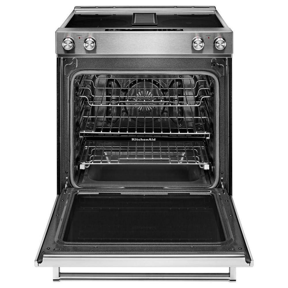 KitchenAid 6.4 cu. ft. Downdraft Slide-In Electric Range with Self-Cleaning Convection Oven in Stainless Steel KSEG950ESS