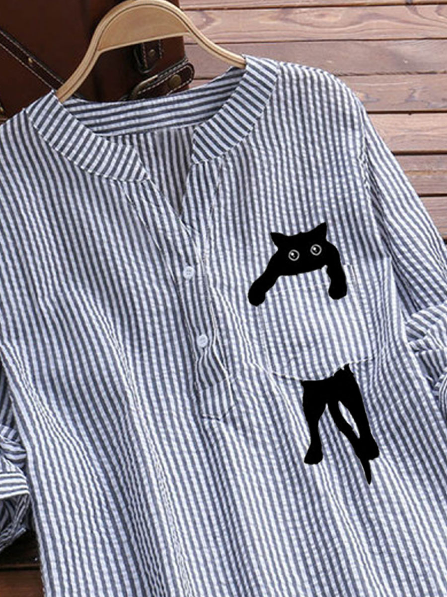 V-neck Cotton And Linen Striped And Cat Print Long Sleeve Blouse