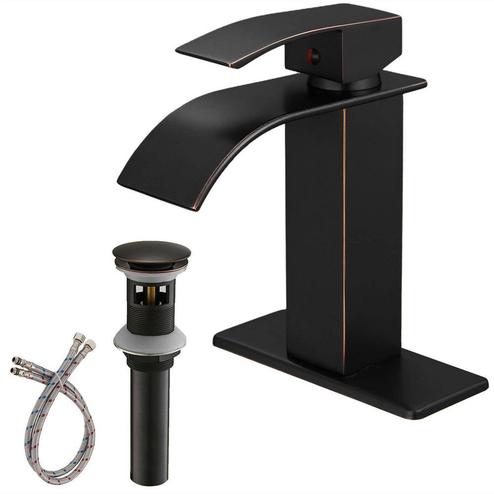 FLG Single Handle Single Hole Waterfall Bathroom Faucet with Pop-up Drain Kit and Deckplate Included in Oil Rubbed Bronze LE-0046-ORB-D