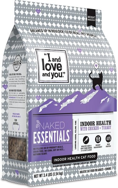 I and Love and You Naked Essentials Indoor Health Chicken and Turkey Recipe Dry Cat Food， 3.4-lb bag