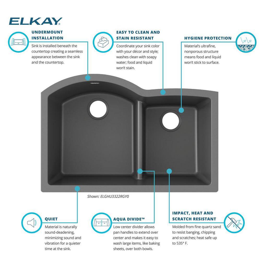 Elkay Quartz Classic Dusk Gray Quartz 33 in. 6040 Double Bowl Undermount Kitchen Sink with Aqua Divide ELGHU3322RGY0