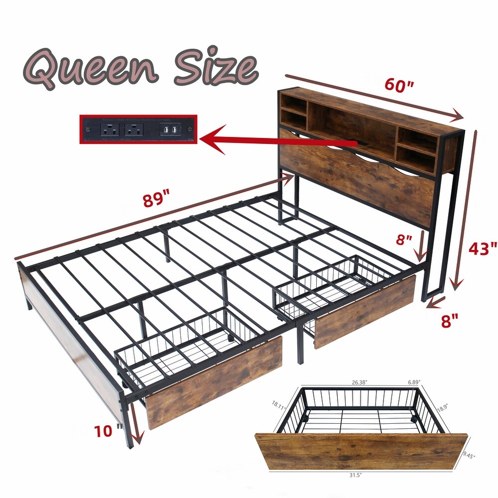 Rustic Bookcase Bed Frame with Power Outlets + 2 Storage Drawers 