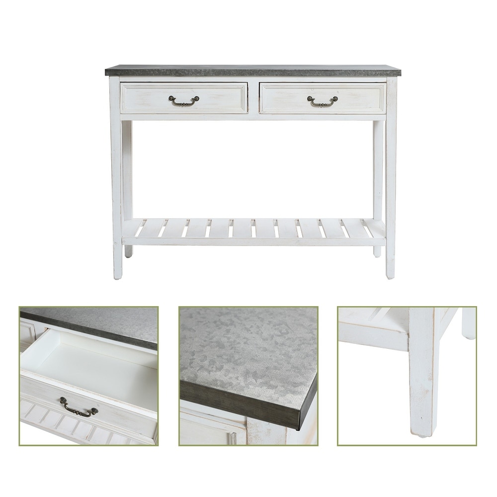 Farmhouse Distressed White Wood and Galvanize Top Console Table   31.5\