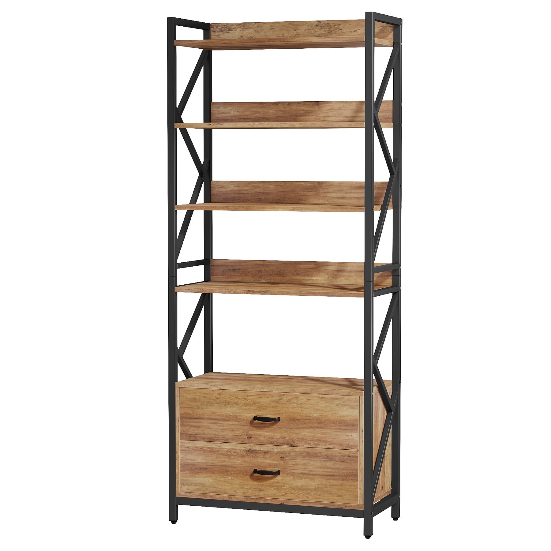 70.86 Bookshelf, Industrial 5-Tier Bookcase with 2 Drawers