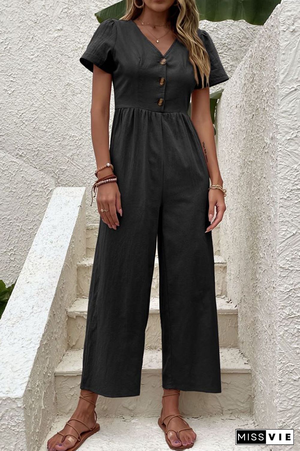 Plain V Neck Button Jumpsuit Wholesale