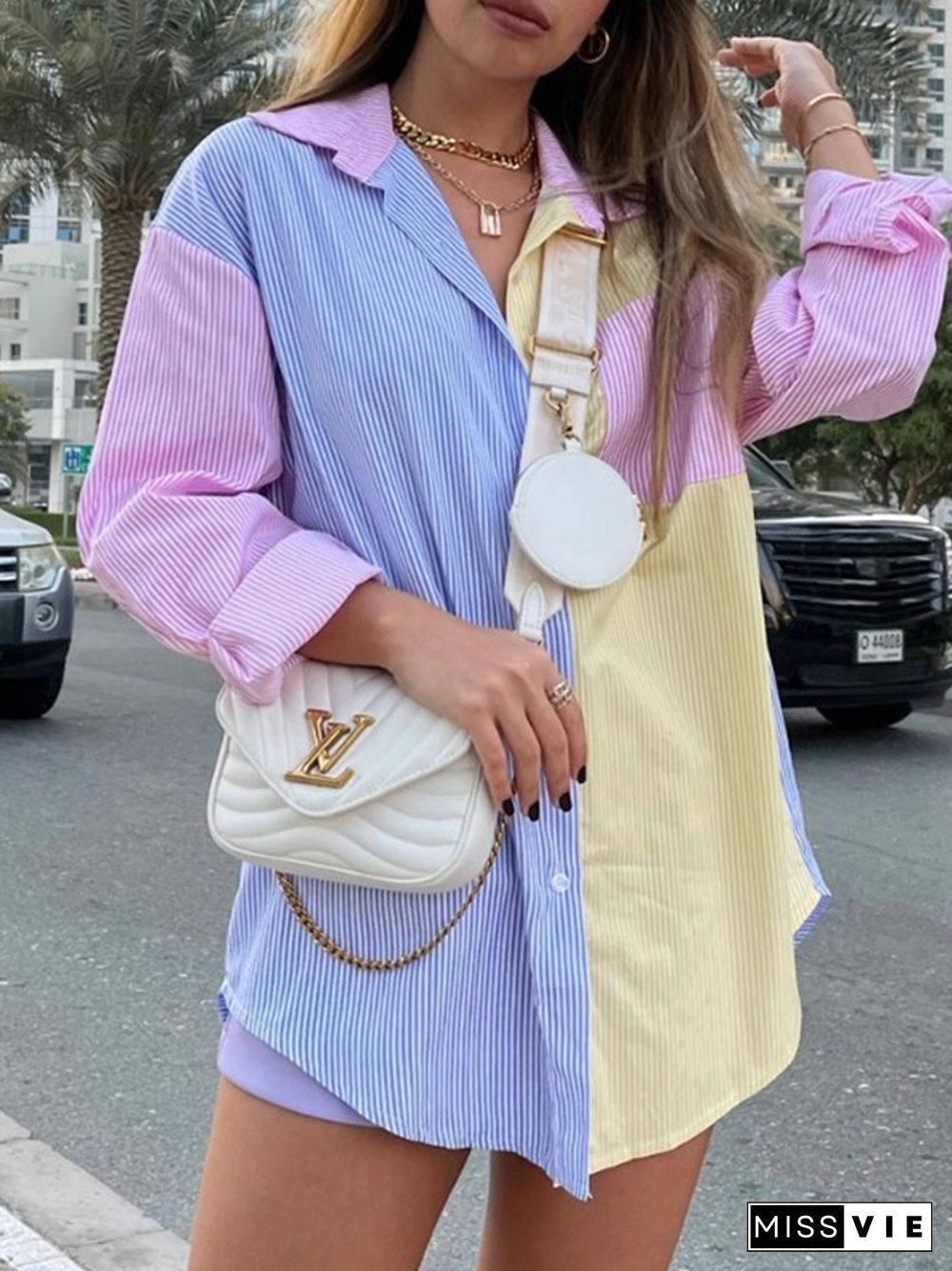 Colorful Pinstripe Splice Baggy Long Sleeve Blouse