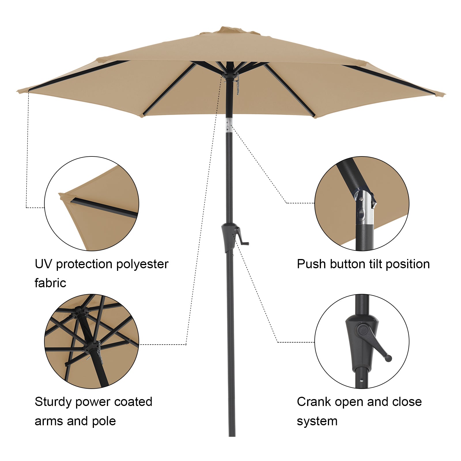 7.5 ft Patio Umbrella Outdoor Table Market Umbrella with Push Button Tilt and Crank, 6 Ribs, Beige