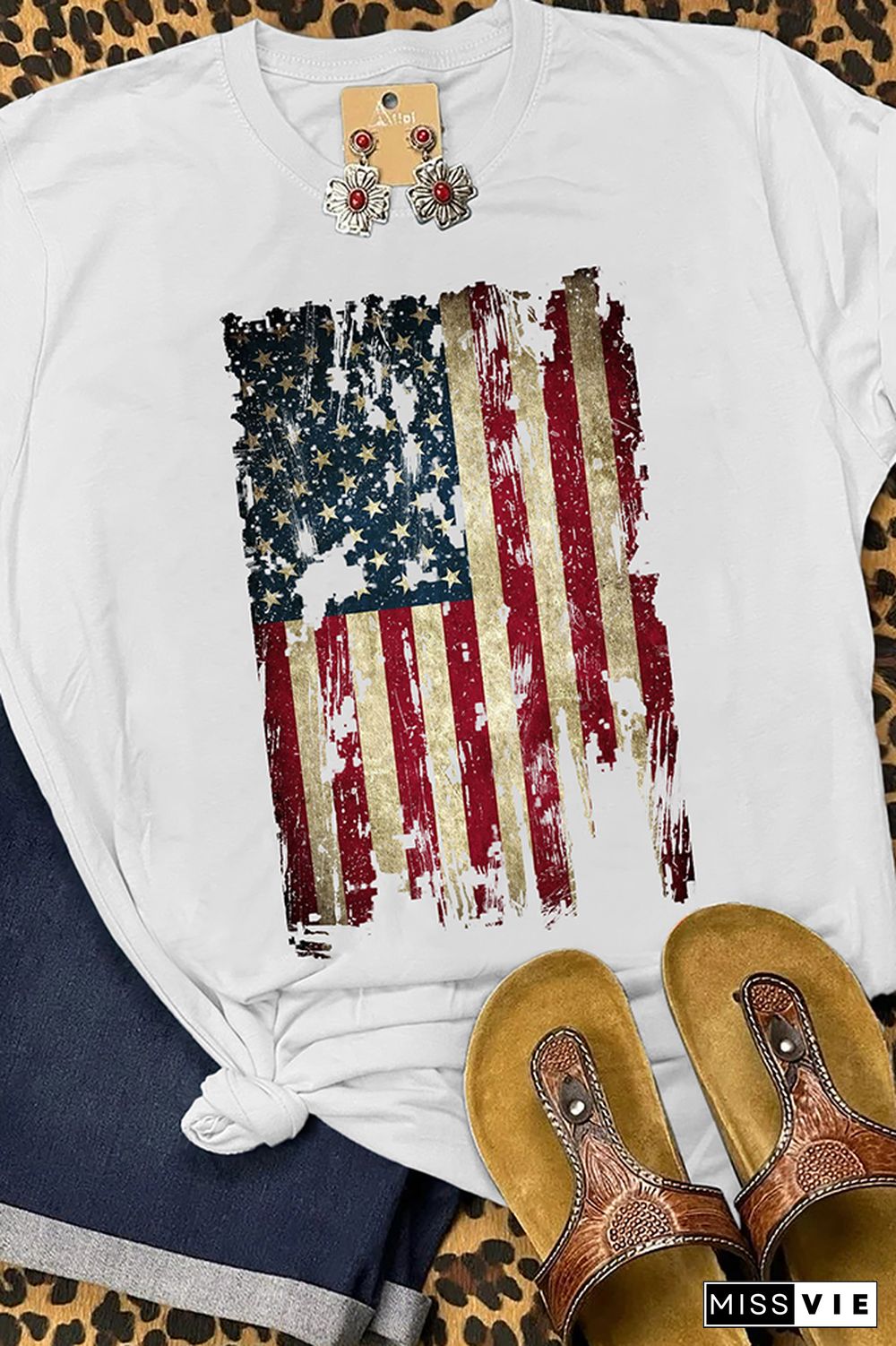 America Flag Print Graphic Tees for Women Wholesale Short Sleeve T shirts Top