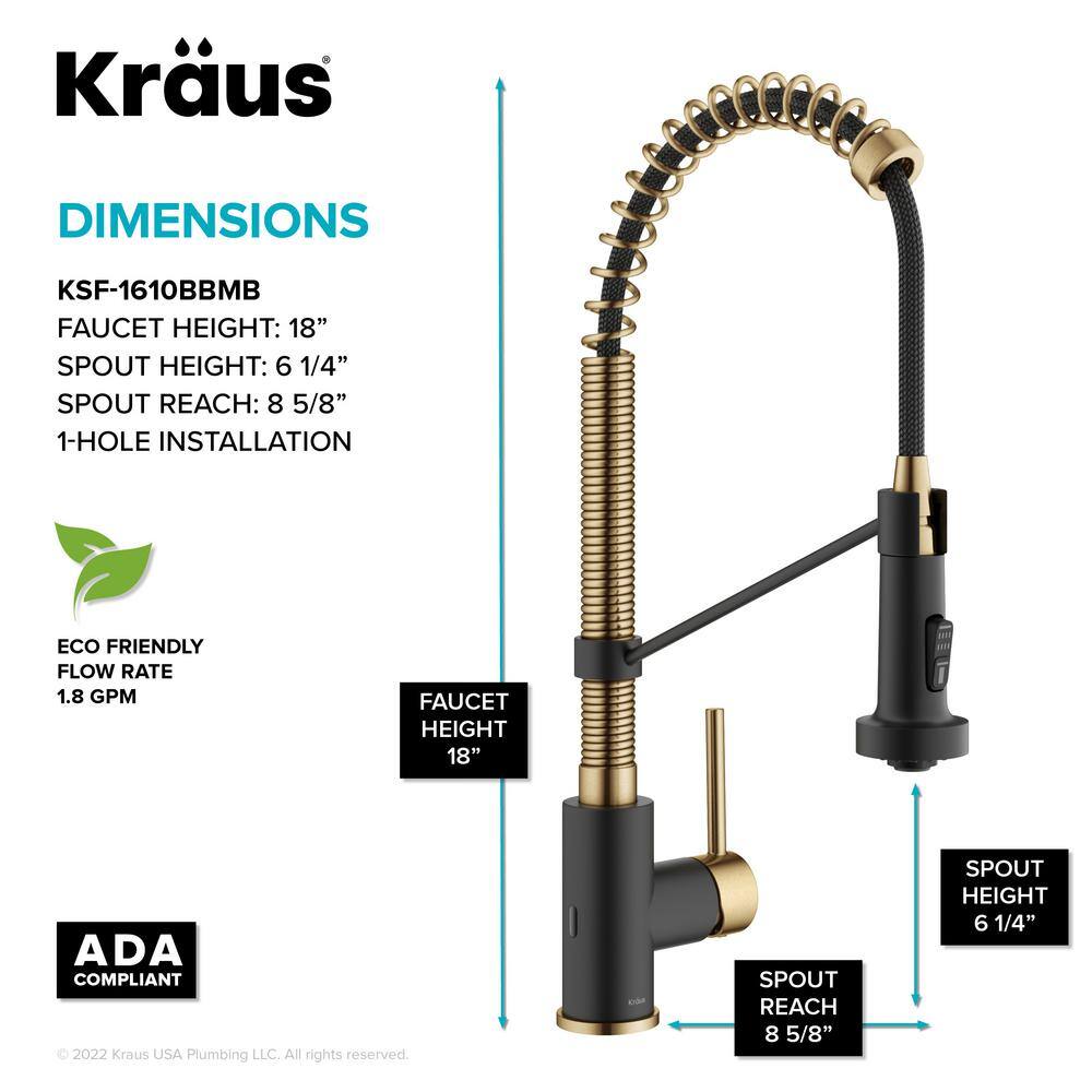 KRAUS Bolden Touchless Sensor Commercial Style Pull-Down Single Handle Kitchen Faucet in Brushed BrassMatte Black KSF-1610BBMB