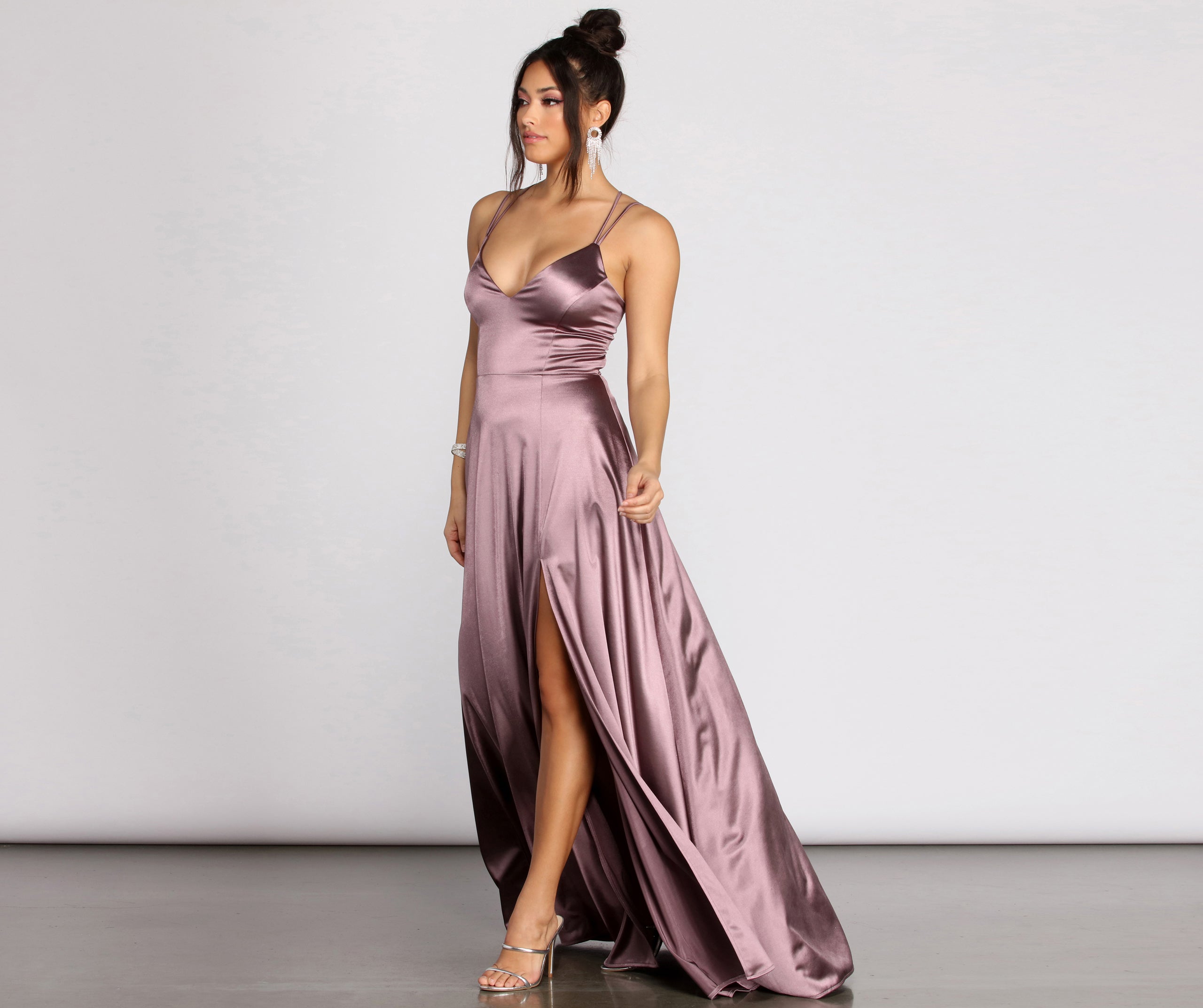 Brielle Stretch Satin V Neck Formal Dress