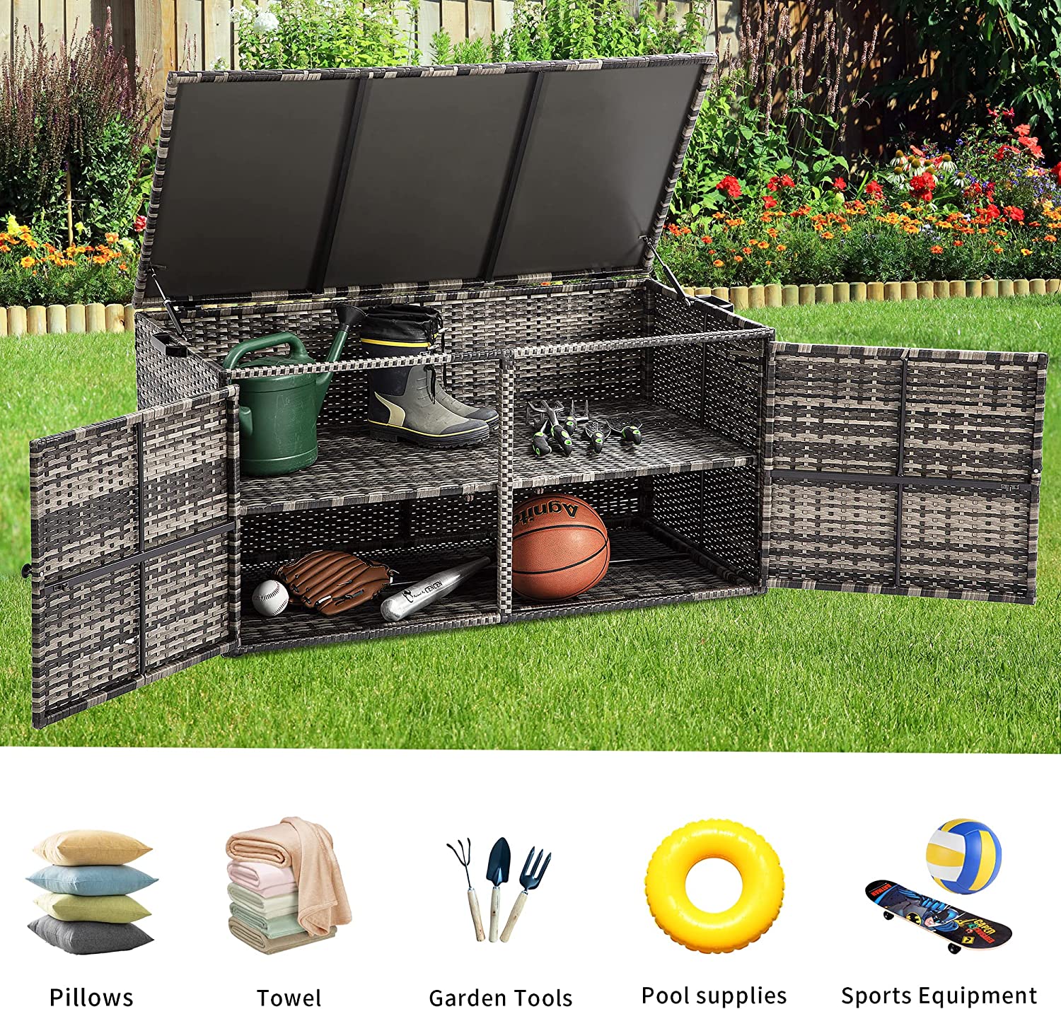 YITAHOME 120 Gallon Outdoor Wicker Storage Box Large Rattan Deck Box