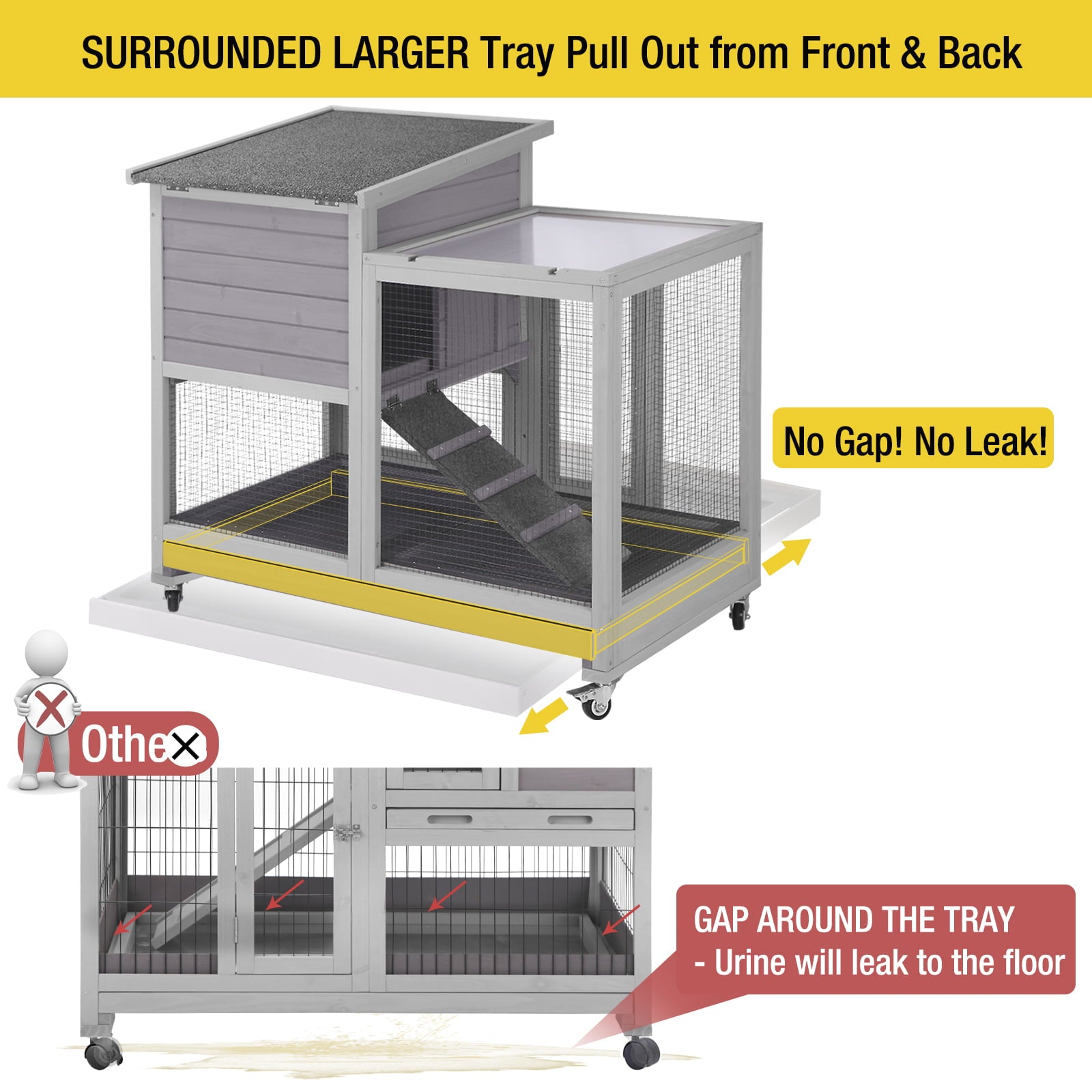 Morgete Wooden Rabbit Hutch with Two Slide Tray Outdoor Bunny Cage Indoor Guinea Pig Habitat Pet House for Small Animals - Gray