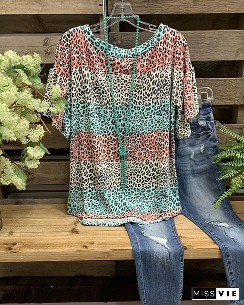 O-Neck Cotton Leopard Printed Casual Shirt & Top