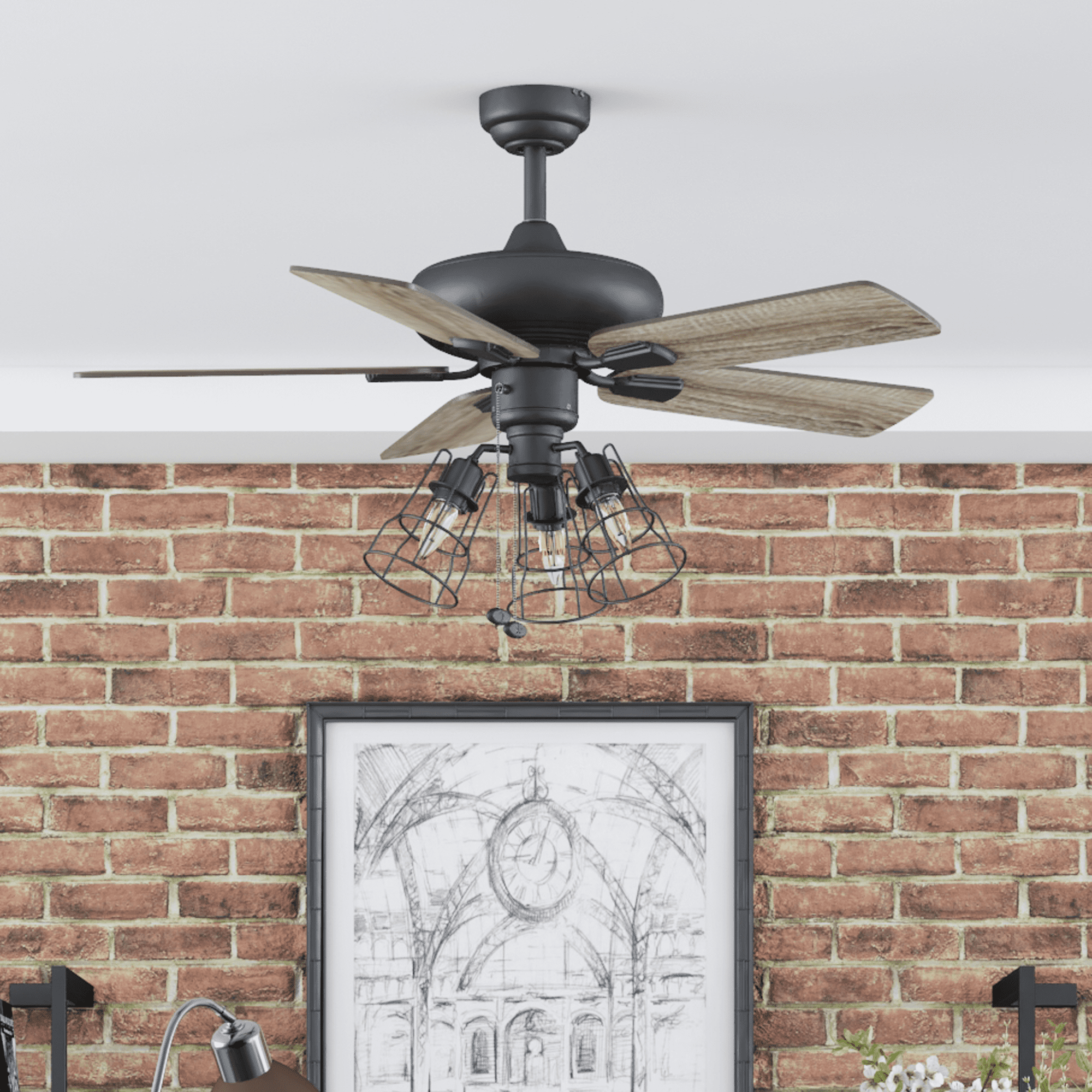 Prominence Home 50588-35 Madison County Industrial 42-Inch Aged Bronze Indoor Ceiling Fan, Cage LED Cage Barnwood, Tumbleweed Blades