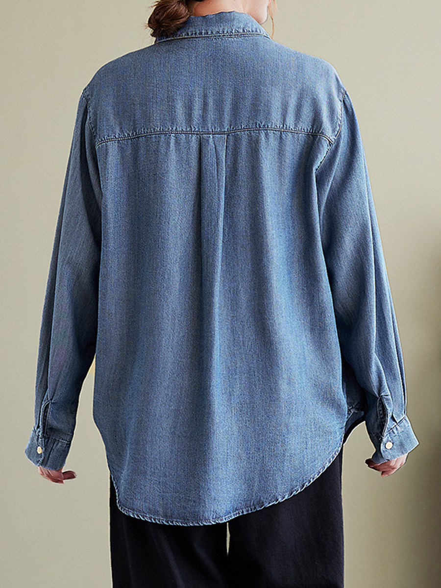 Casual Vintage Lapel Long Sleeve Denim Blouse