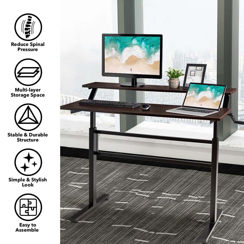 2-Tier Standing Desk, Height Adjustable Sit Stand Up Desk, Computer Desk Workstation with Monitor Stand & Foldable Crank Handle