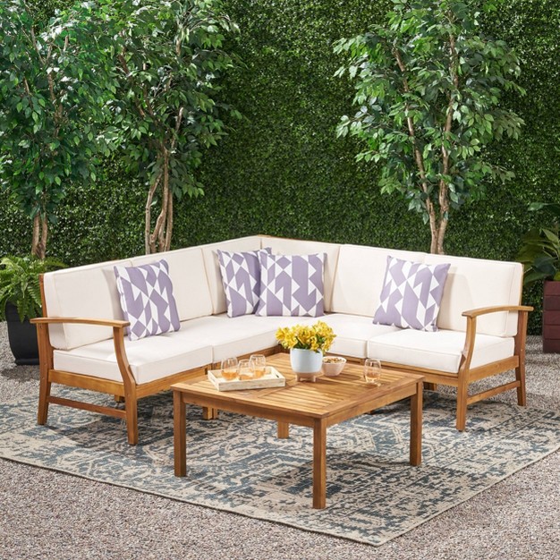 Perla 6pc Acacia Wood Patio Chat Set W Water Resistant Cushions Cream Christopher Knight Home