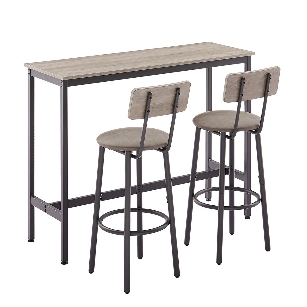 Grondin Rustic Industrial Style 3 Piece Thin Bar Table Set with 2 PU Leather Bar Stools  Kitchen Counter Height Dining Table Set