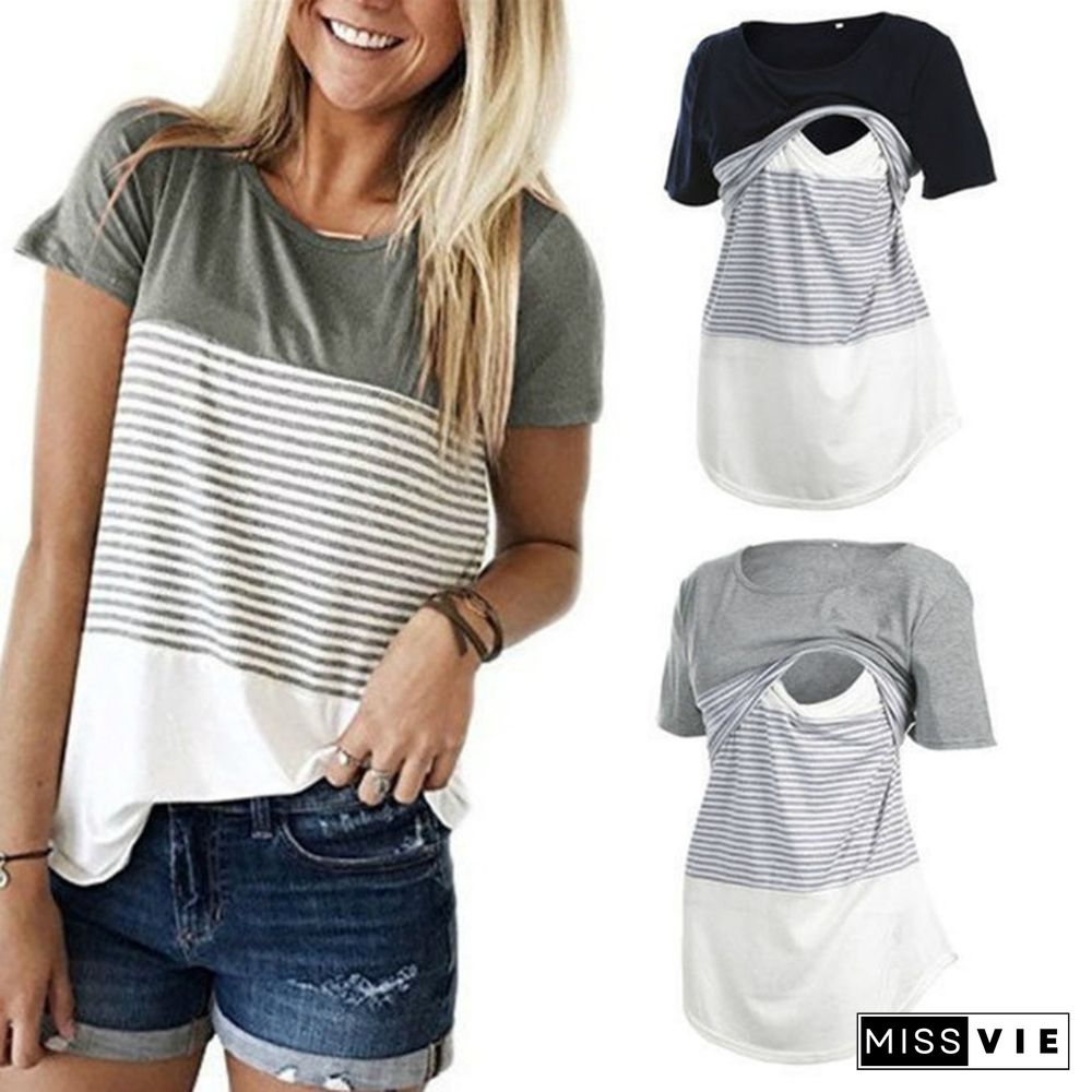 Women Maternity Breastfeeding Tee Nursing Tops Striped Short Sleeve Cotton T-shirt