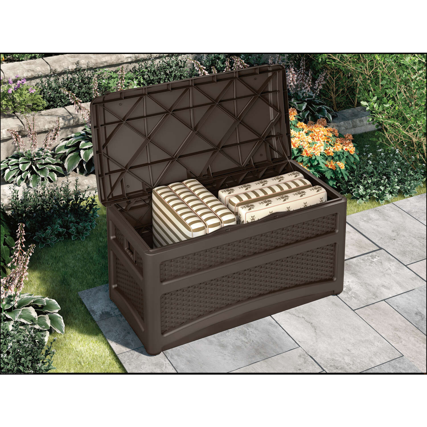 Suncast 46 in. W X 24 in. D Brown Plastic Deck Box with Seat 73 gal