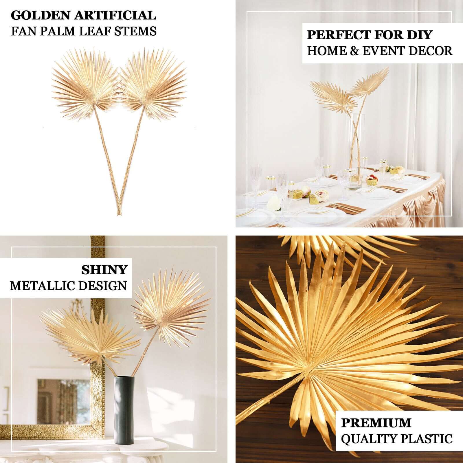 2 Pack Shiny Golden Artificial Tropical Plant Fan Palm Leaf Stems, Faux Floral Arrangements Table Centerpiece Decor 34