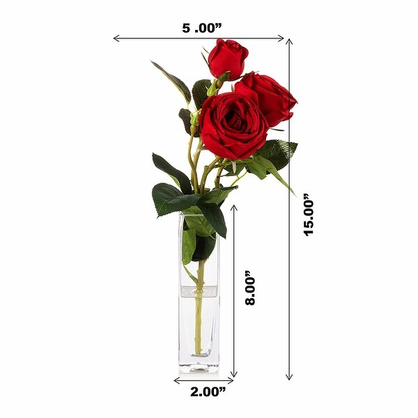 Enova Home Artificial Silk Rose Flower in Clear Glass Vase Faux Rose Flower with Vase For Home Office Decoration