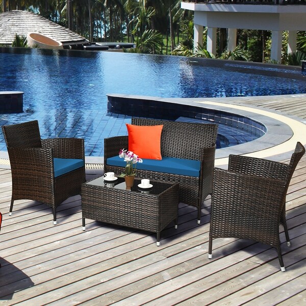 Costway 4PCS Rattan Patio Furniture Set Cushioned Sofa Chair Coffee