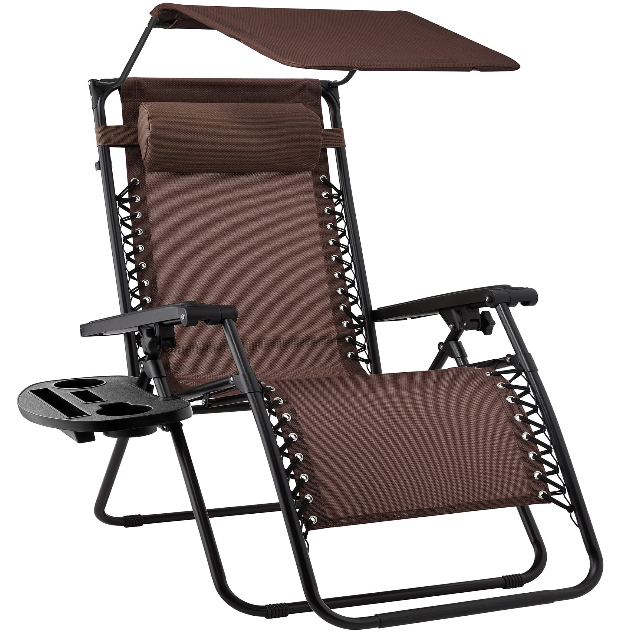 Best Choice Products Folding Zero Gravity Recliner Patio Lounge Chair w/ Canopy Shade, Headrest, Side Tray - Brown