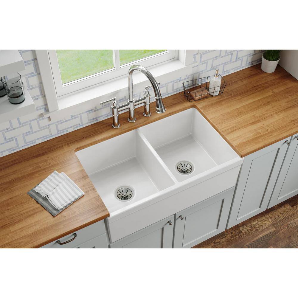 Elkay Explore Farmhouse Apron Front Fireclay 33 in. Double Bowl Kitchen Sink in White SWUF32189WH