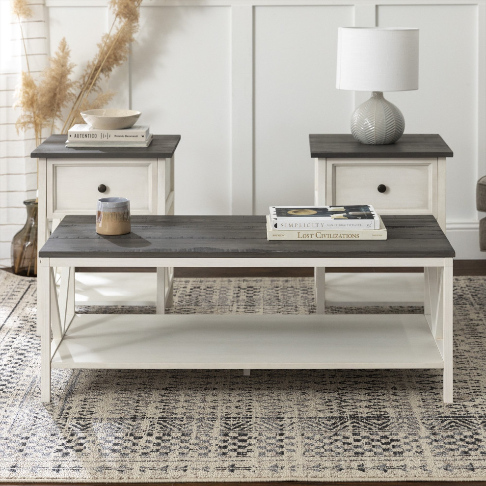 3 Piece Coffee Table Set  White Body With X Sides  ampReclaimed Barnwood Plank Top   Farmhouse   Coffee Table Sets   by Decor Love  Houzz