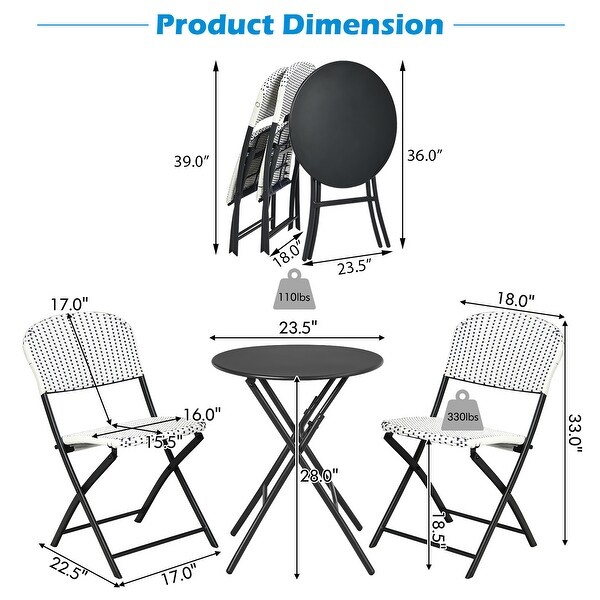 Costway 3PCS Patio Rattan Bistro Set Folding Table Chairs Garden Deck