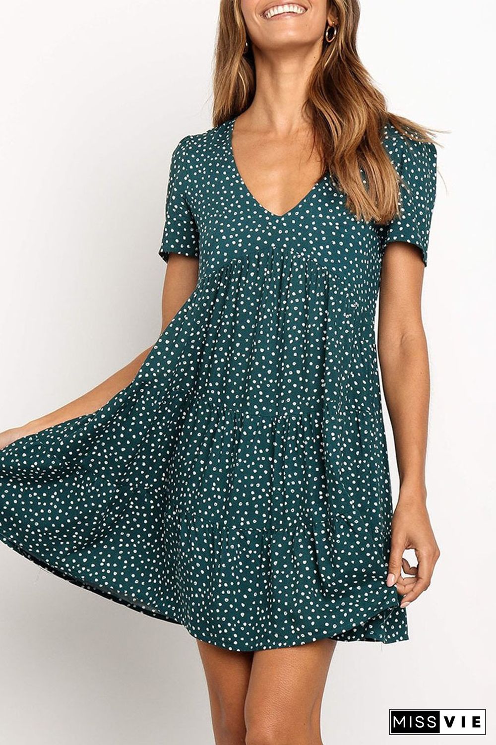 V-Neck Dot Print Short Sleeve Dress