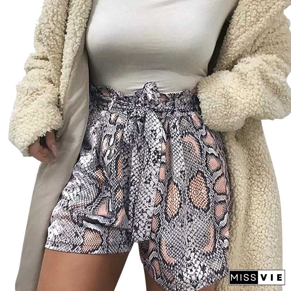 Retro Tie Waist Snake Print High Waisted Paperbag Shorts