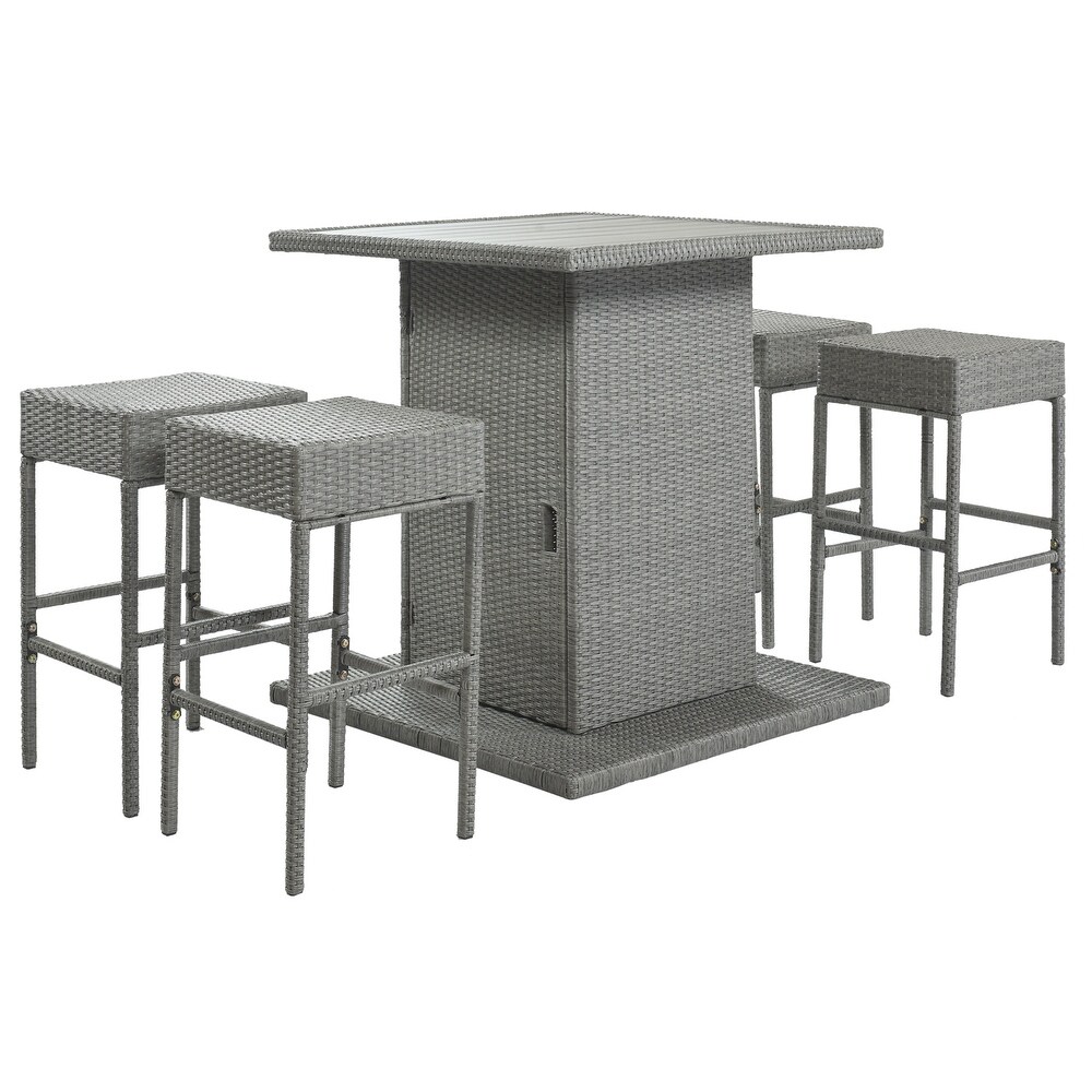 Patio 5 piece Rattan Dining Sets  Wicker Square Kitchen Table Set with Storage Shelf and 4 Padded Stools  for Garden  Gray