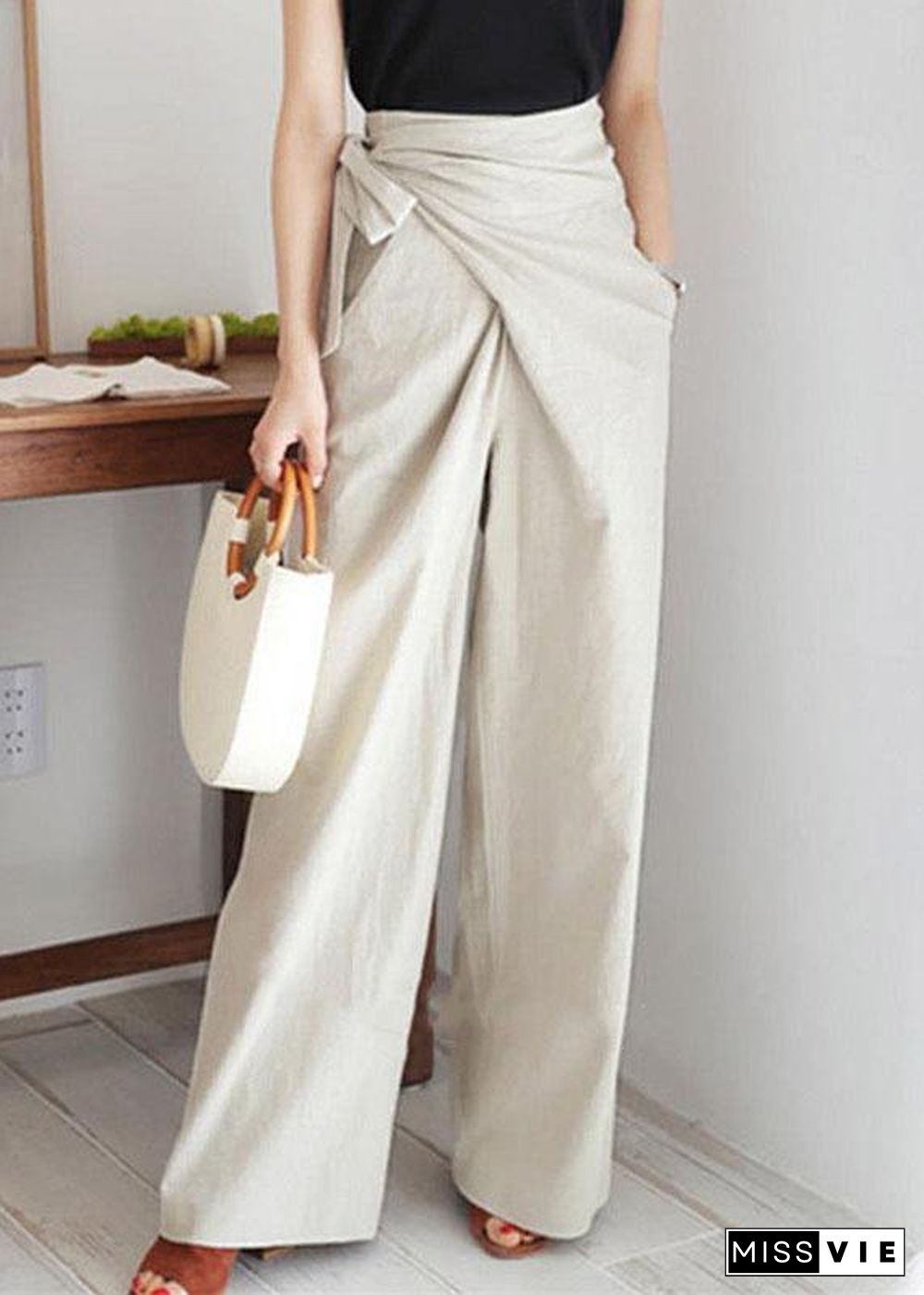 Women Solid Color Asymmetrical Bandage Design Breathable Wide Leg Pants