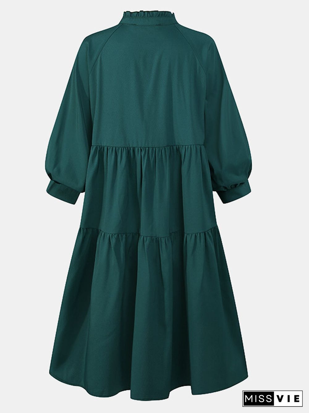 Solid Color Lapel V-neck Collar Lantern Sleeve Midi Dress