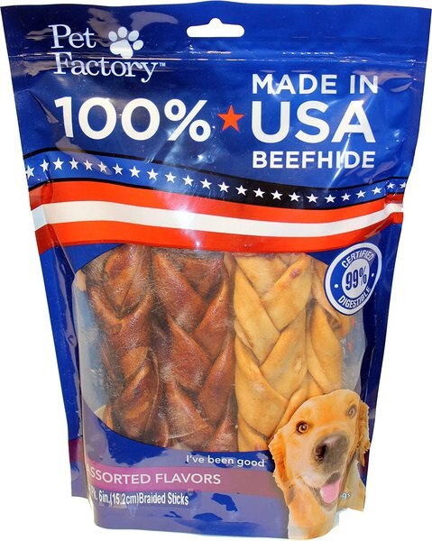 Pet Factory Beefhide 6-inch Braided Sticks Variety Pack Beef and Chicken Flavored Dog Hard Chews， 6 count