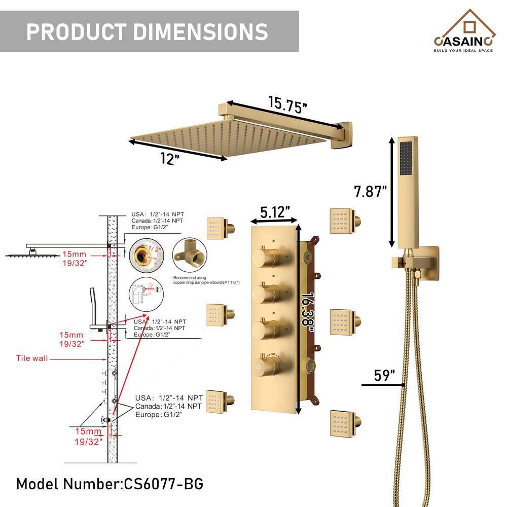 CASAINC 6-Spray Pattern 12 in. Wall Mounted Rainfall Shower Faucet and Dual Shower Heads System With 6 Body Jets In Brushed Gold CS6077-BG