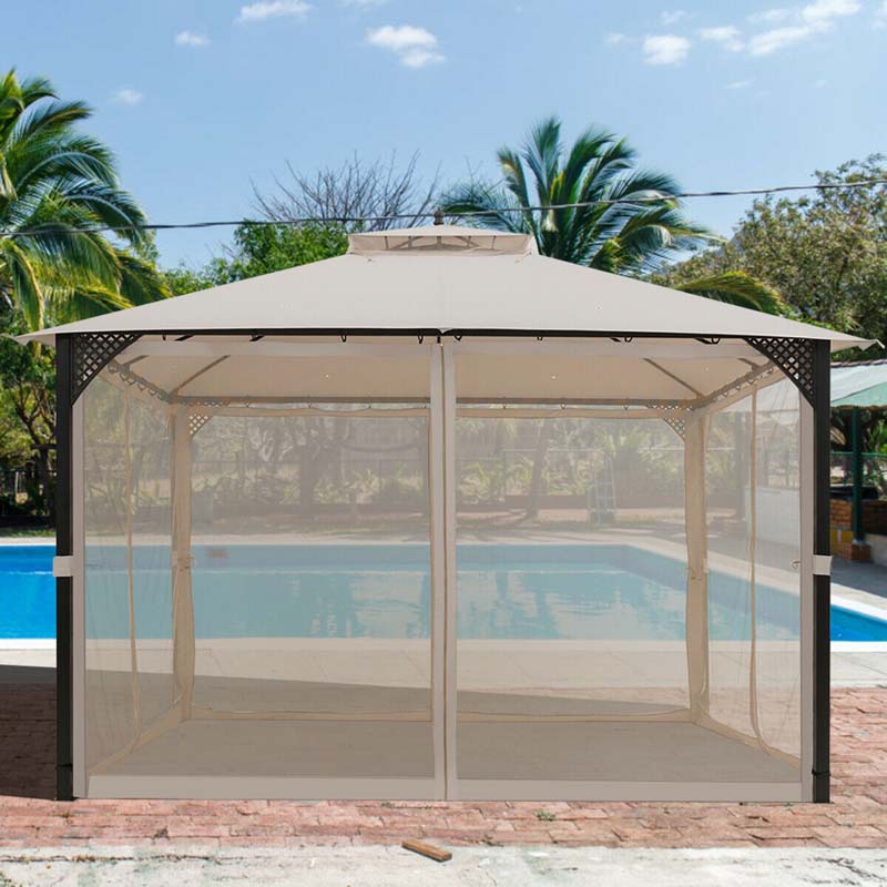 12 x 10 FT Patio Metal Gazebo with Netting & 2 Tier Roof, Heavy Duty Outdoor Canopy Gazebo Tent for Party