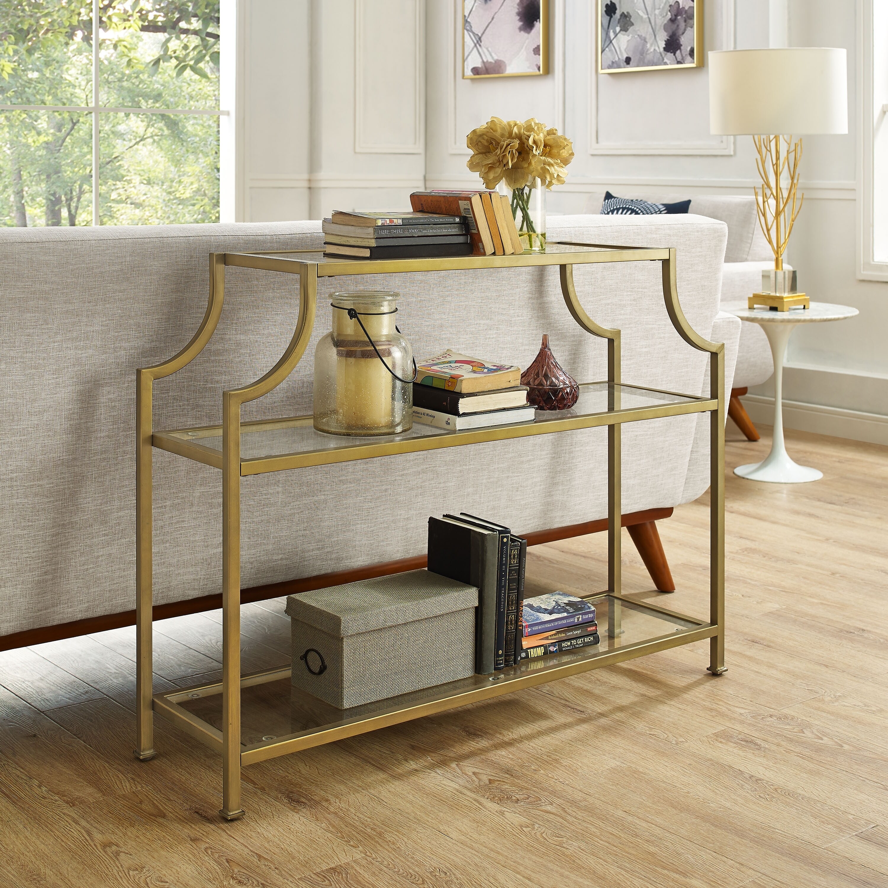 Aimee Glass/ Gold Finish Steel 3-tier Console Table